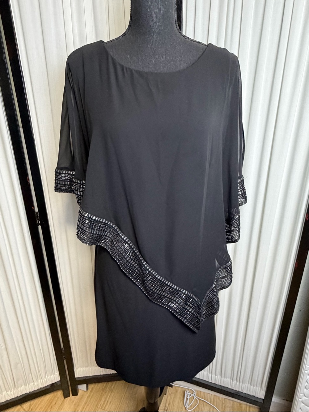 SLNY Black Women's Dress with attached Chiffon cape